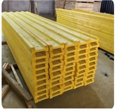 UNIVERSAL H20 Timber Formwork Beam, 200mm Height, Premium Spruce Wood Construction, Impact-Resistant Plastic End Caps, Water-Resistant Yellow Coating.