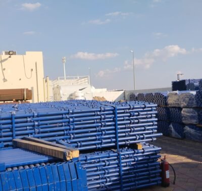 UNIVERSAL Heavy-Duty Vertical Cuplock Standard, Blue Powder-Coated Steel, Integrated 500mm Interval Top & Bottom Cups.